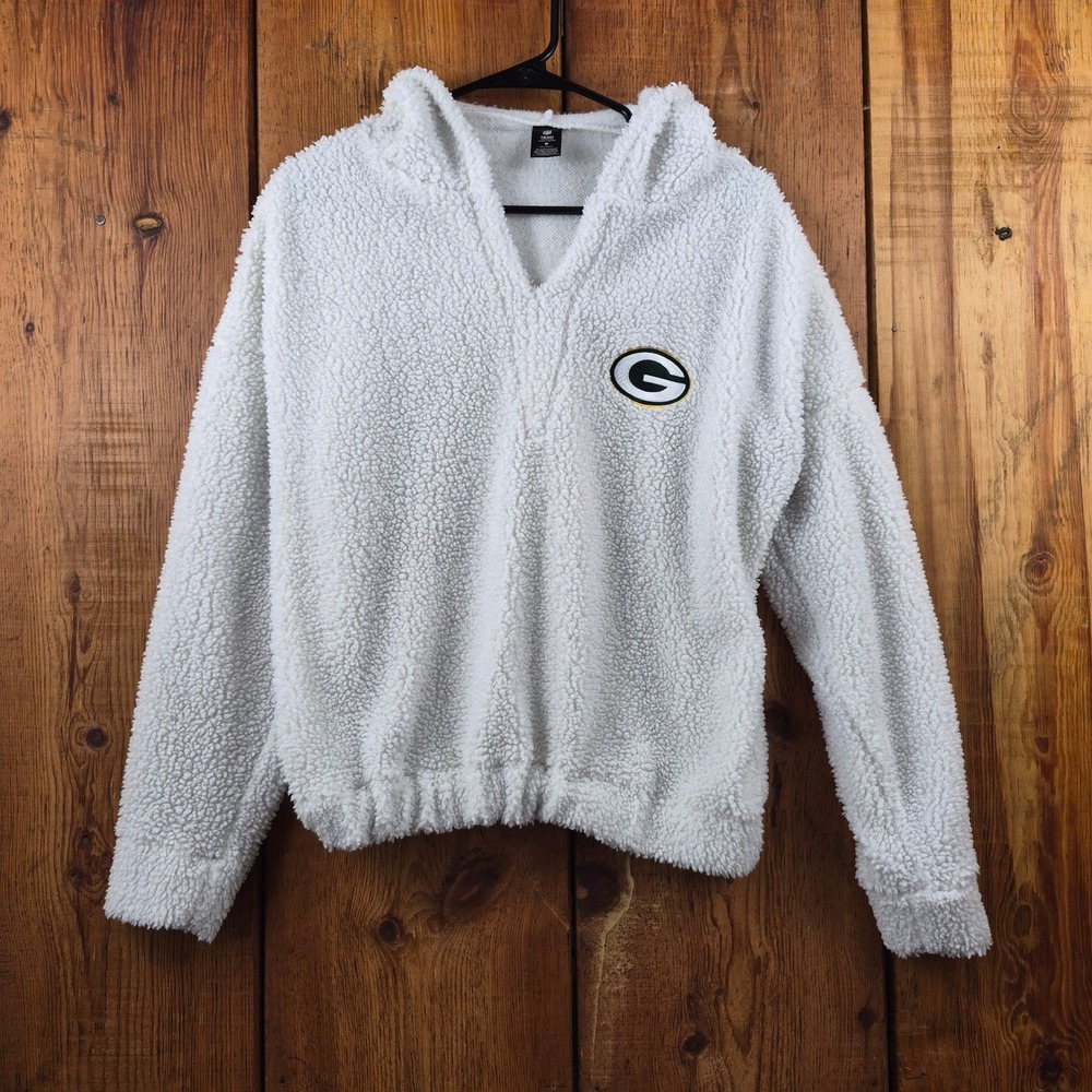 NFL Team Apparel Green Bay Packers White Sherpa Fleece Hoodie Women's Medium